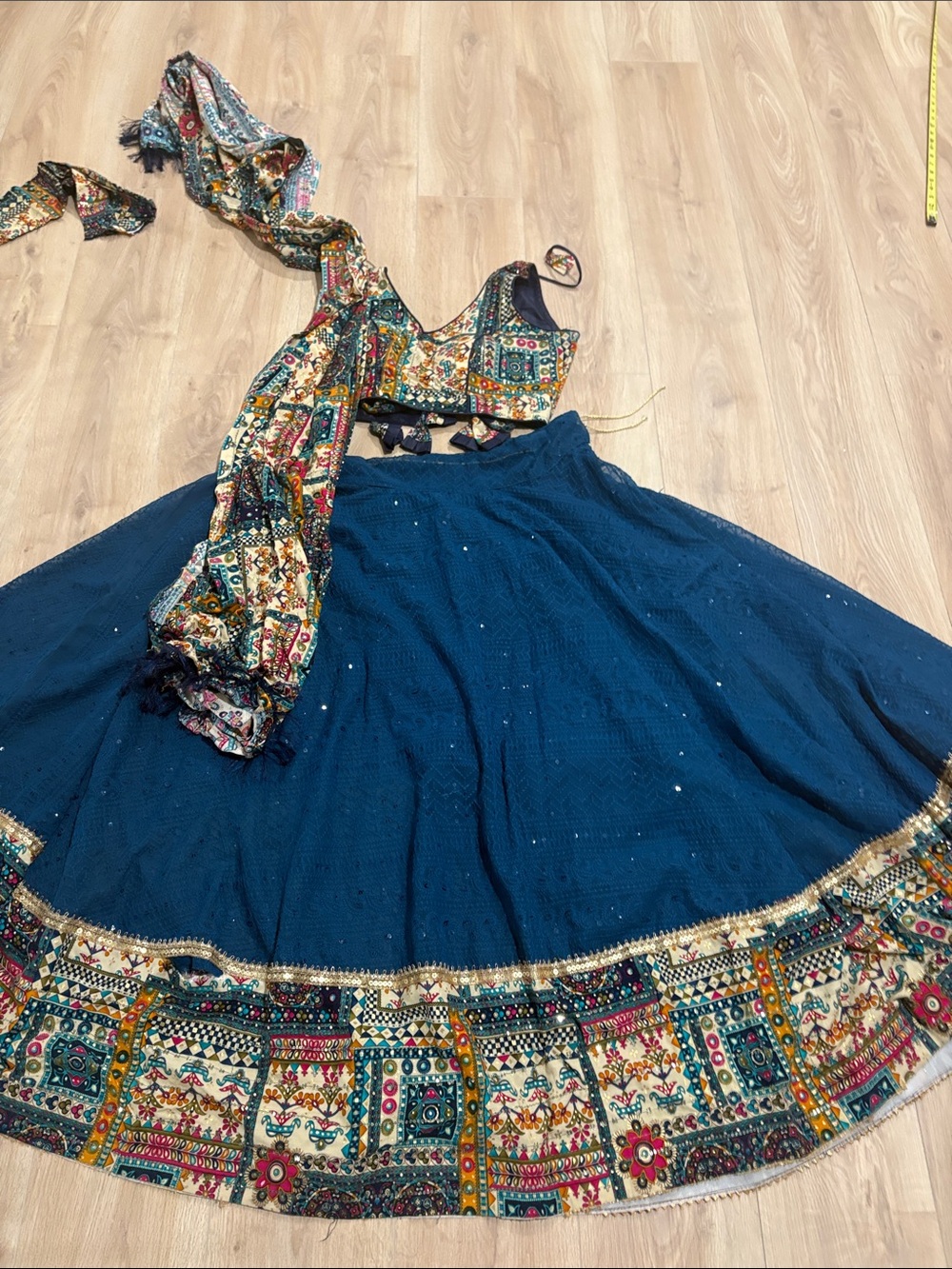 Traditional Navy Blue Embroidered Circle Skirt with Multi-Color Border
